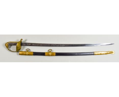 An Unusual Naval Officers Sword, by Eichorn of Germany, 29.5ins bright steel blade heavily engraved with nautical scenes, inc