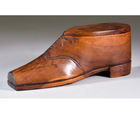 A Yew Wood Boot-Pattern Table Snuff Box, 19th Century, the lid and heel with piqué work, 7ins wide