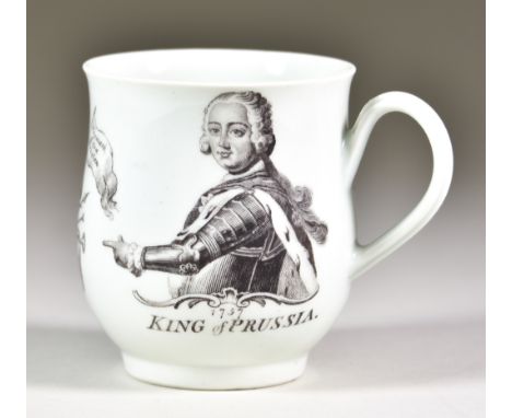 A Worcester Porcelain 'King of Prussia' Mug, Circa 1757-1760, printed in black with a portrait of the king, battle honours an