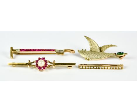 Four 9ct Gold Bar Brooches, 20th Century, comprising - one of a duck in flight, 38mm x 16mm, another set with small ruby in t