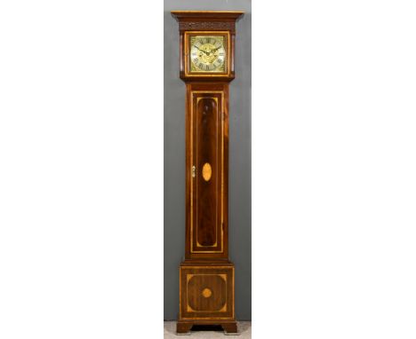 An Edwardian Mahogany Cased "Grandmother" Clock, the 8.25ins square brass dial with silvered chapter ring with Roman numerals