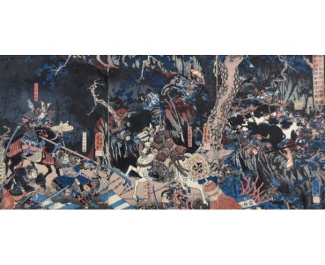 19th Century Japanese School - Japanese woodblock print in colours - Triptych with battle scene at night, 14.5ins (36.8cm) x 