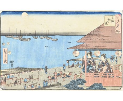 19th Century Japanese School - Japanese woodblock print in colours - Moonlit scene with two ladies across the sea from a pavi