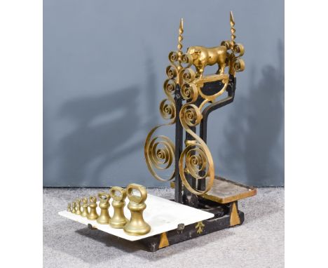 A Set of Butcher's Counter Scales to Weigh 28lbs, Late 19th/Early 20th Century, the cast and wrought iron body surmounted by 
