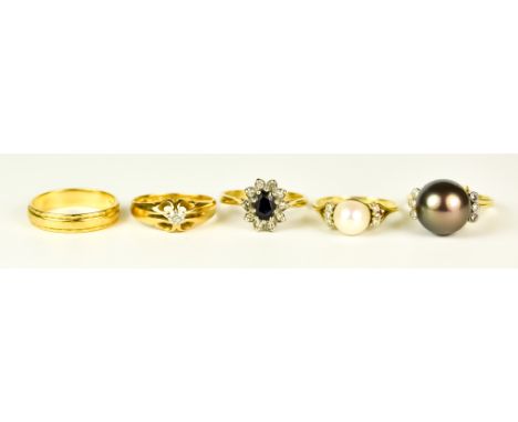 Five 18ct Gold Gem Set Rings, Modern, comprising - a Tahitian pearl, 12mm diameter, a diamond ring, size O+, cultured pearl, 