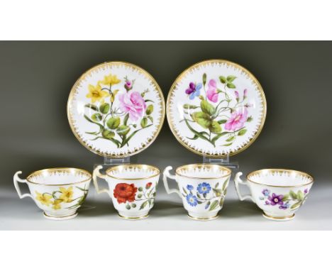 Two Minton Bone China Trios of Tea and Coffee Cups and Saucers, Circa 1815, painted with botanical specimens, with 'Sevres' t