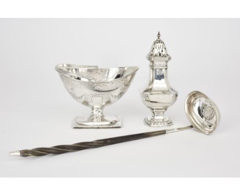 A Victorian Silver Oval Basket, a Punch Ladle and a Sugar Caster, the basket by Frederick Brasted, London, 1874, of neo class