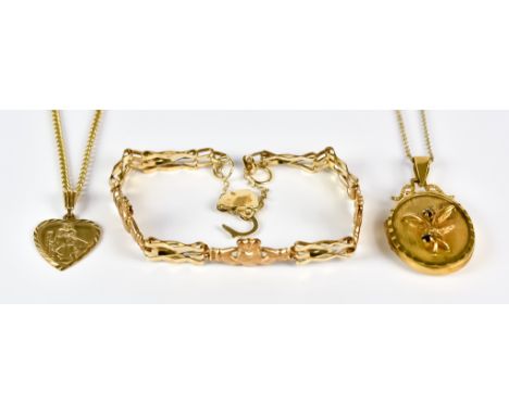 A Mixed Lot of 9ct Gold, Modern, comprising - three bar gate bracelet with clasping hands over heart design, 160mm, heart sha