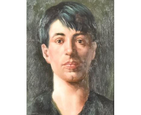 After Stanley Spencer (1891-1959) - Oil painting - Self portrait as a young man, board 9.75ins x 7.5ins, in black lacquered f