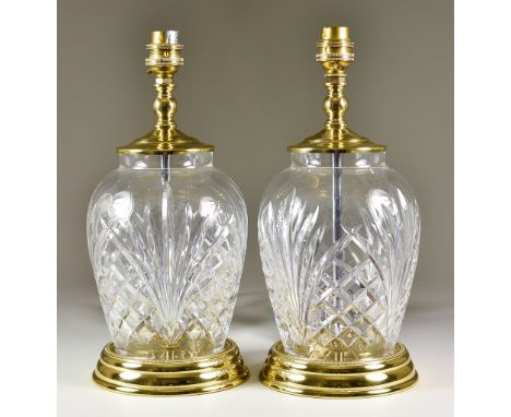 A Pair of Waterford Crystal "Avery Accent" Table Lamps, with brass fittings, 12ins high, and shades for same