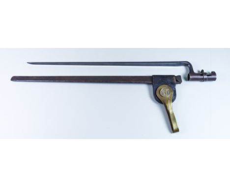 A U.S Army 1889 Bayonet, 18ins blued steel blade with socket fitting, steel scabbard with leather frog with brass hanger stam