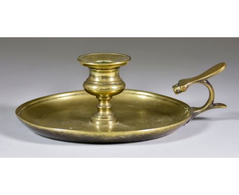 A Cast Brass English Chamber Candlestick with Royal Connections, the pan etched with with crown over V. R, 2.5ins high