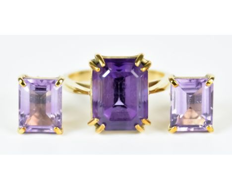 A 9ct Gold Faceted Amethyst Ring with Matching Earrings, Modern, the ring set with a centre faceted amethyst, approximately 2