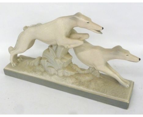 A MODERN REPRODUCTION ART DECO STYLE CERAMIC MODEL OF TWO LURCHERS 