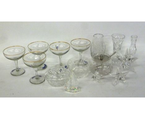 A CUT GLASS PRESERVES BOWL WITH E.P. LIP AND SPOON, FIVE BABYCHAM GLASSES AND CUT GLASS  ITEMS VARIOUS 