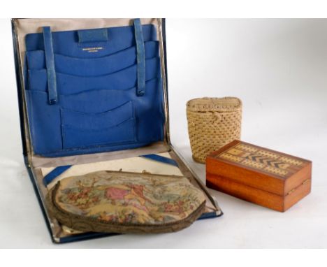 CIRCA 1920s BLUE MOROCCO PORTABLE STATIONERY FOLDER with plated metal supports to hold in open position with blotter pad, ins