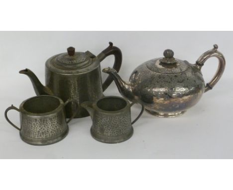 VICTORIAN ENGRAVED EPBM CIRCULAR TEAPOT AND A HAMMERED PEW TEA SERVICE OF THREE PIECES (4)