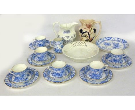 A 'VICTORIA' BLUE AND WHITE TEA SERVICE OF 20 PIECES, A WHITE GLAZED PEDESTAL CAKE STAND AND TWO VARIOUS JUGS (23) 