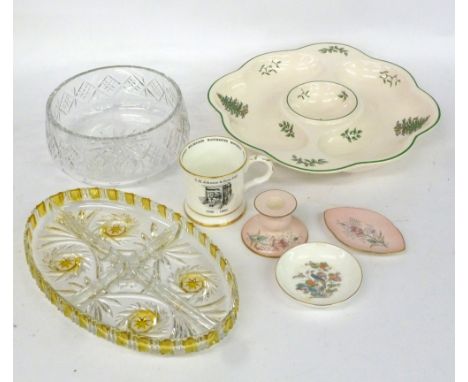 A CARLTON WARE HAND PAINTED PINK CANDLE HOLDER AND RING TRAY, A LARGE SPODE 'CHRISTMAS TREE' DISH, AN EDINBURGH CRYSTAL BOWL 