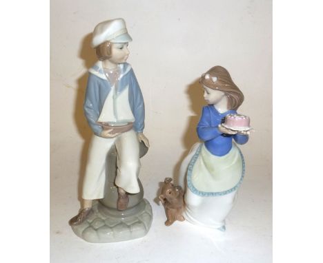 LLADRO SPANISH PORCELAIN BOY WITH MODEL YACHT AND A NAO FIGURE OF A GIRL CARRYING A CAKE WITH DOG AT HER FEET (2)