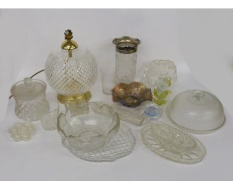 A CARNIVAL GLASS BOWL, A PAPERWEIGHT, DECORATIVE AND OTHER GLASSWARES INCLUDING A CUT GLASS VASE WITH PLATED TOP