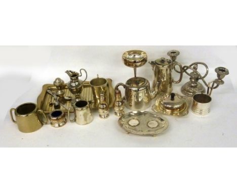 ELECTROPLATE - MIXED LOT TO INCLUDE; A FOUR PIECE HOTEL PLATED TEA SET, BUTTER DISH WITH STAND AND COVER, TWO PIECE CONDIMENT