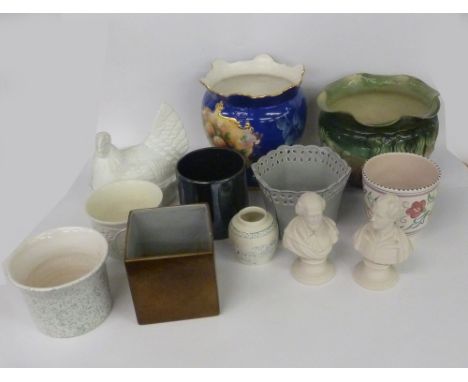 A PAIR OF SMALL PARIAN WARE BUSTS OF SHAKESPEARE AND BURNS, A POOLE POTTERY CACHE POT AND TWO POTTERY JARDINIERS ETC