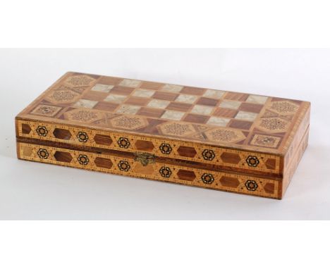 MODERN TUNBRIDGE-TYPE MARQUETRY AND MOTHER OF PEARL INLAID FOLDING BACKGAMMON DRAUGHTS BOARD