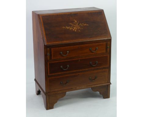 EDWARDIAN SHERATON REVIVAL INLAID MAHOGANY BUREAU, the satinwood crossbanded sloping fall front inlaid with musical trophies 
