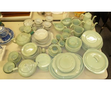 A LARGE QUANTITY OF WEDGWOOD 'CELADON POTTERY DINNER AND TEA WARES, 'WINDSOR GREY AND WOODS WARE 'BERRY', SPODE, FLEMISH GREE