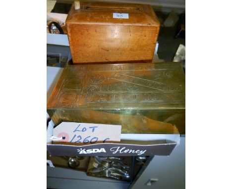 An early Russian brass cigarette box and an Edwardian wooden cigarette dispenser