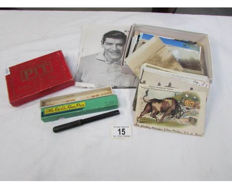 A quantity of old postcards, theatre programmes (1 signed), a 'Pit' game and an old fountain pen