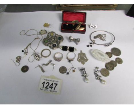 A mixed lot of silver and other items including pre 1947 coins, brooches,bangle, cased collar studs etc