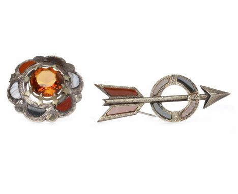 TWO VICTORIAN SCOTTISH BROOCHESone of scalloped circular form and set with a single orange paste surrounded by sections of ha