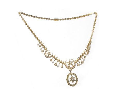 EDWARDIAN SEED PEARL AND DIAMOND FRINGE NECKLETwith three graduated openwork spilt pearl set star and crescent motifs intersp