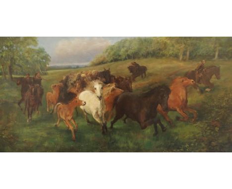 AFTER LUCY KEMP-WELCH (BRITISH 19TH/20TH CENTURY) COLT HUNTING IN THE NEW FOREST Oil on canvas, 76 x 152cm (30 x 60") Conditi