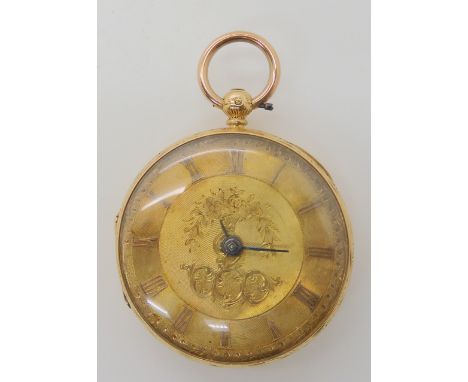 AN 18CT GOLD FOB WATCH with hand engraved floral case, with gold coloured dial and blued steel hands (af) Chester Hallmarks f