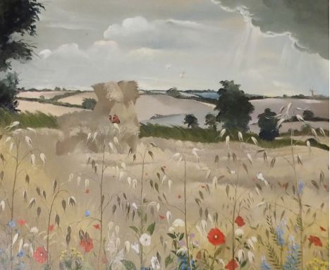 •ANNA KATRINA ZINKEISEN RP, ROI (SCOTTISH 1901-1976) WILD FLOWERS AND BUTTERFLIES BEFORE ROLLING COUNTRYSIDE Oil on canvas, s