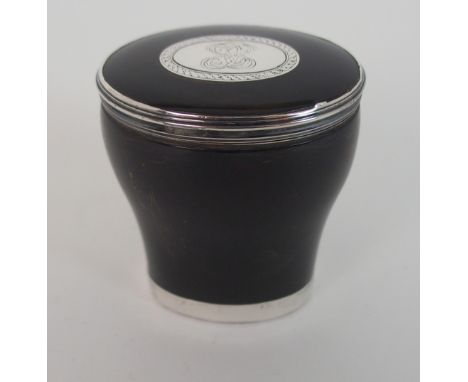 A TORTOISESHELL & WHITE METAL MOUNTED SNUFF MULL of upright oval baluster shape, the hinged cover with cartouche monogrammed 