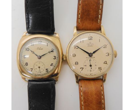 TWO 9CT GOLD CASED GENTS VINTAGE WATCHES a Smiths DeLuxe with a cream dial black Arabic numerals and blued steel hands and a 