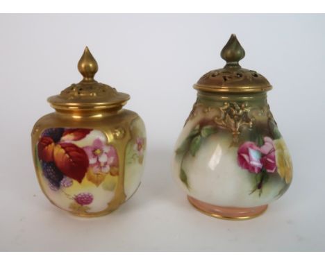 A ROYAL WORCESTER SQUAT BALUSTER POT POURRI POT AND COVER hand painted with brambles by Kitty Blake, shape no H162, date mark