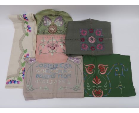 A COLLECTION OF GLASGOW SCHOOL OF ART STYLE TEXTILES including a pink rose embroidered tea cosy, another in green decorated w