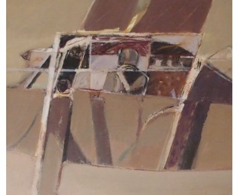 •JAME HARDIE (SCOTTISH B. 1938) INTERCOM Oil on panel, signed, 61 x 54cm (24 x 21 1/4") Inscribed with title on Artist's labe