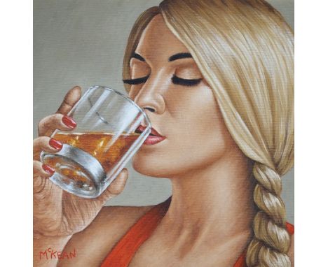 •GRAHAM MCKEAN (SCOTTISH B. 1962) THE GIRL WHO LOVED WHISKY Oil on canvas, signed, 30 x 30cm (11 3/4 x 11 3/4") Signed and in