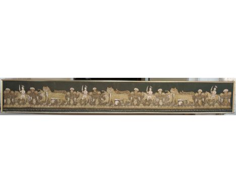 AN INDIAN GILT METAL AND SILK WOVEN PANEL depicting soldiers on horseback, tigers and flowers issuing from vases, 33cm x 257c