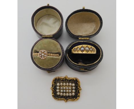 THREE VICTORIAN PEARL SET ITEMS A 15ct gold six pearl ring, made by Oetzmann &amp; Co, Hampstead, London, with Birmingham hal
