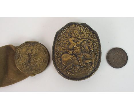 A CHARLES 1 CORONATION COIN Edinburgh 1633 with a continental metal snuff box, the hinged cover embossed with an image of a m