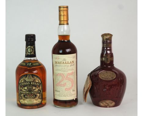 A BOTTLE OF MACALLAN 25 YEAR OLD ANNIVERSARY WHISKY43%vol, 75cl, in wooden presentation case, Chivas Regal Royal Salute in ce
