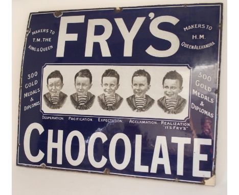A VINTAGE ENAMEL FRY'S CHOCOLATE ADVERTISING SIGN features five boys, 76 x 91cm Condition Report: Available upon request