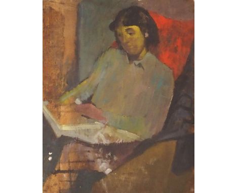 •STUDIO OF ROBERT SINCLAIR THOMSON (SCOTTISH 1915-1983) STUDY OF A SEATED WOMAN READING Oil on panel, 43 x 33.5cm (17 x 13 1/